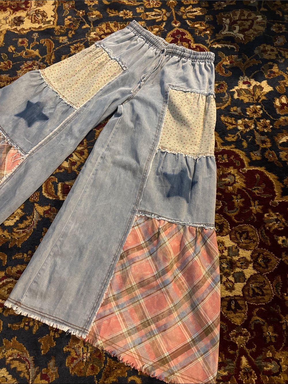 POL Wide Leg Patchwork Plaid Fringe Pants M - Picture 2 of 5